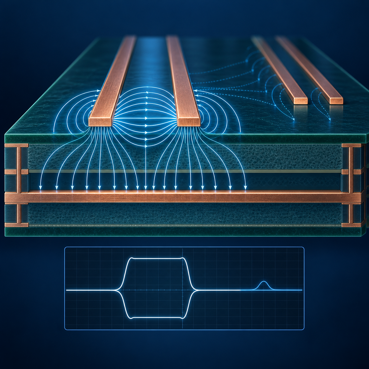 PCB-Querschnitt mit einem gekoppelten Differentialpaar, seiner Bezugsebene, elektrischen Feldlinien und einem Übersprechimpuls