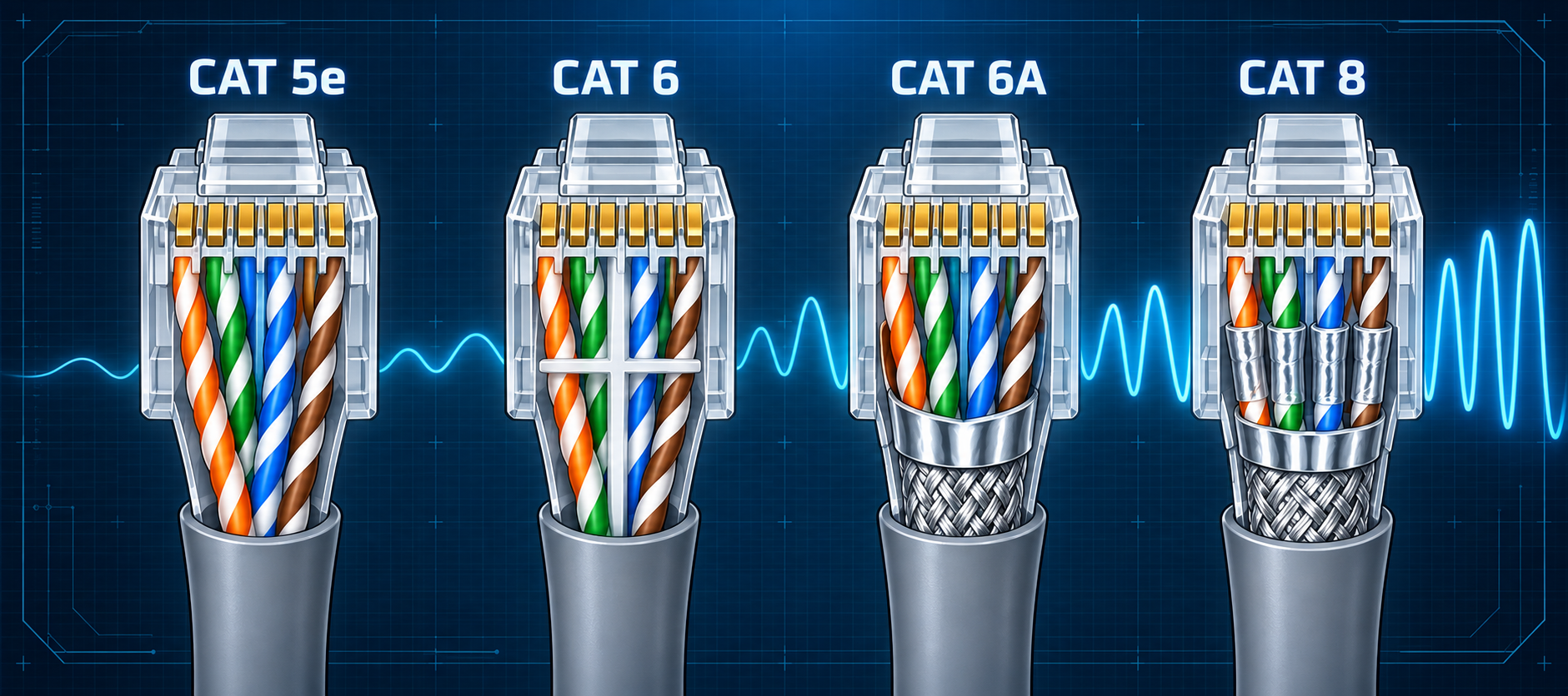 Vergleich von Cat 5e, Cat 6, Cat 6A und Cat 8 Ethernet-Kabelkonstruktionen