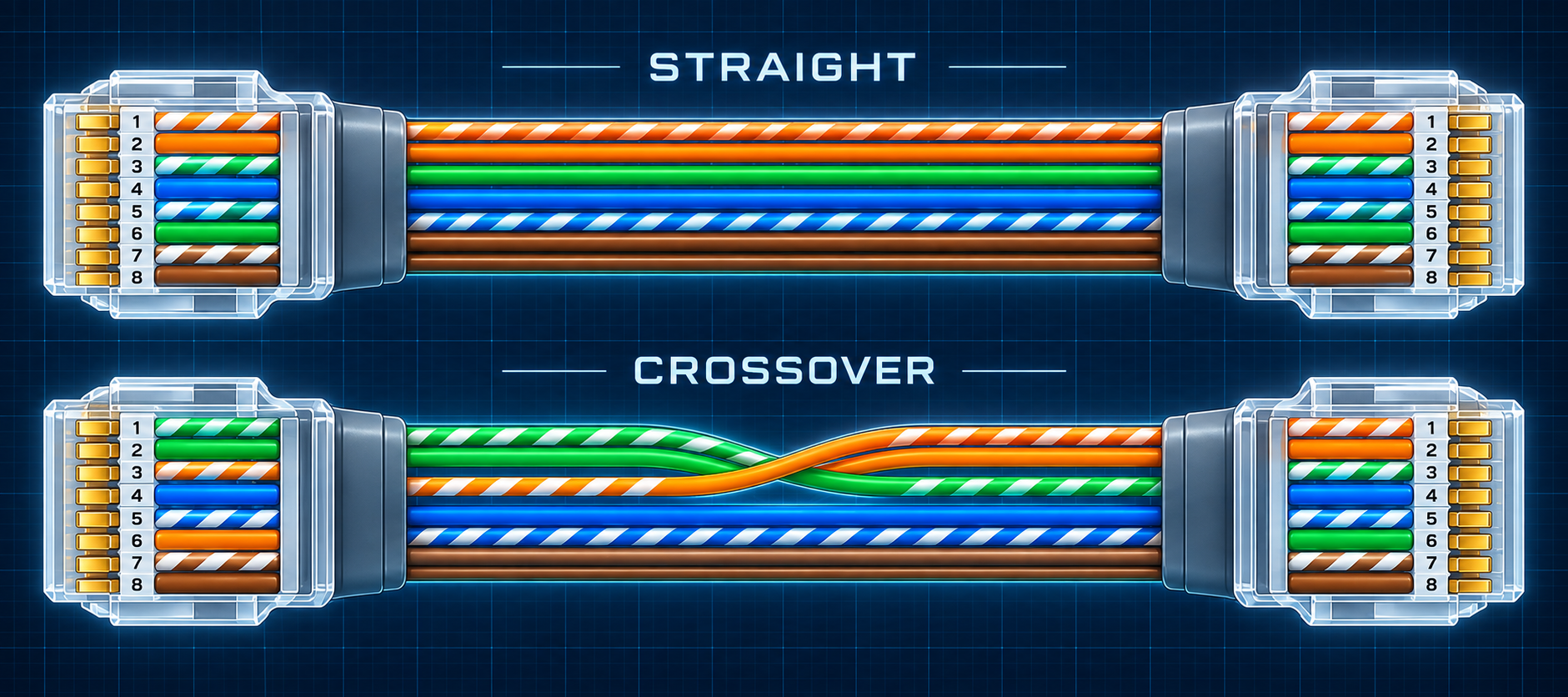 Visueller Vergleich von Straight-Through- und Crossover-Ethernet-Kabeln zwischen zwei 8P8C-Anschlüssen