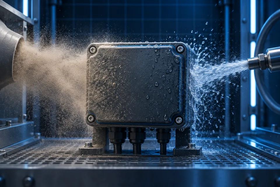 Boîtier électronique soumis à un essai de poussière et de jet d’eau