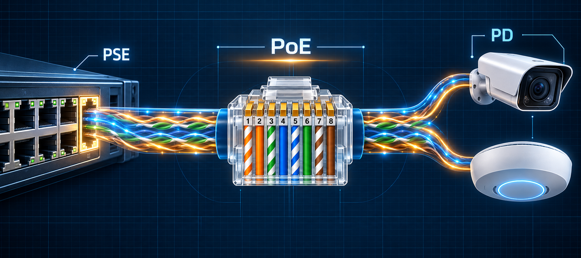 PoE-Verbindung, die Daten und Strom von einem PSE zu angetriebenen Geräten transportiert