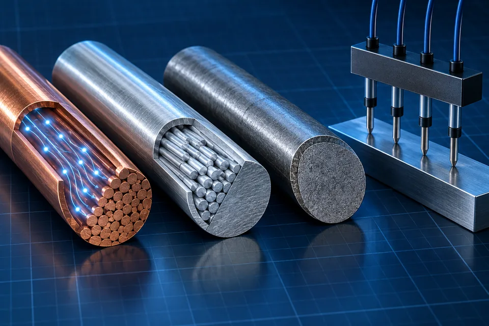 Échantillons de cuivre, d’aluminium et d’acier avec une sonde de résistivité