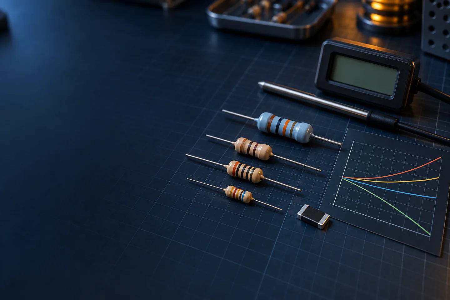 Résistances de précision, sonde de température et courbes de dérive thermique sur un établi de laboratoire